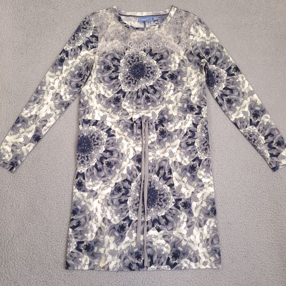 Simply Vera Wang Dress Medium Floral Tie Lace Trim Blue Gray Stretch Long Sleeve